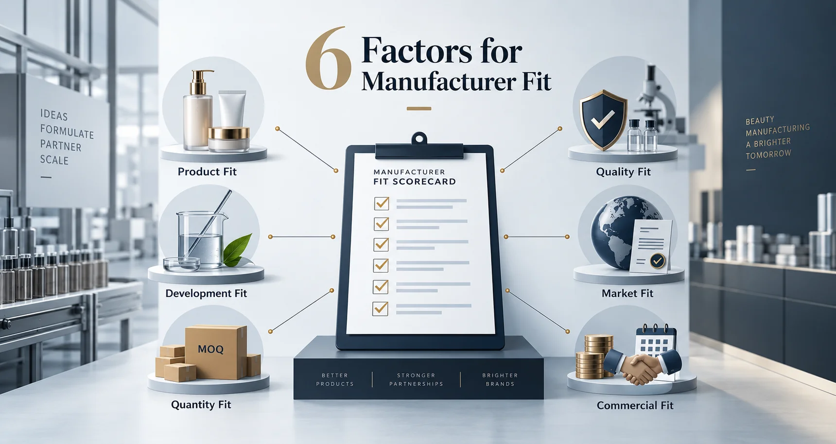 Diagram showcasing six factors for manufacturer fit, including product fit, quality fit, development fit, market fit, quantity fit, and commercial fit, with icons representing each factor in a manufacturing setting.